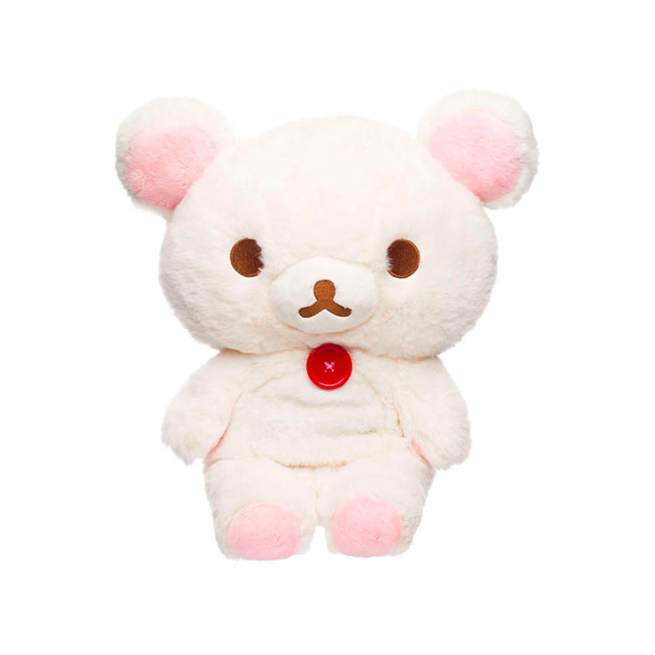 San-X Korilakkuma 13.5-inch plush with red button from Sherbet Series featuring soft pink accents and cute expression