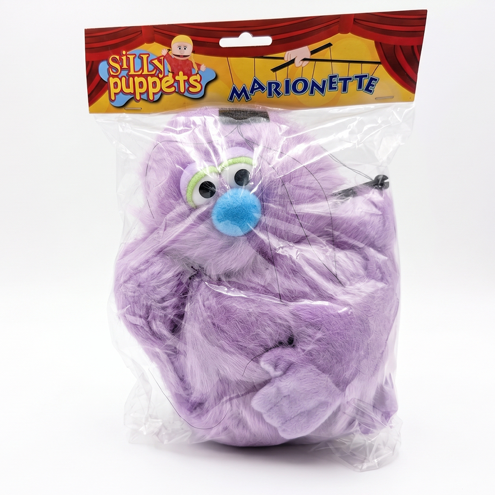 Silly Puppets Gumboil Purple Monster Marionette - 18inch Furry Puppet with Movable Arms and Legs in clear packaging