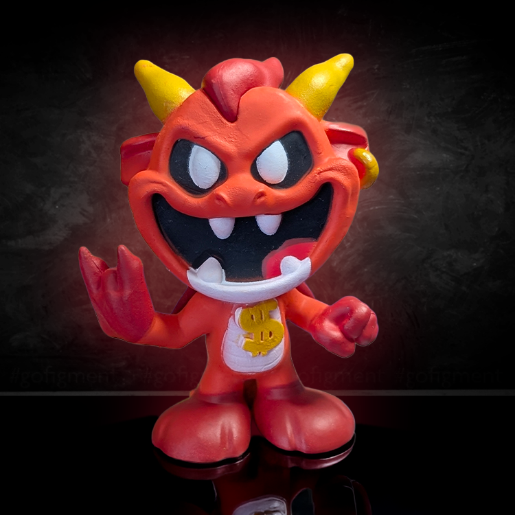 Go Figment Nightmare Critters Series 4 red devil-like mini figure with yellow horns and wide grin on dark textured background