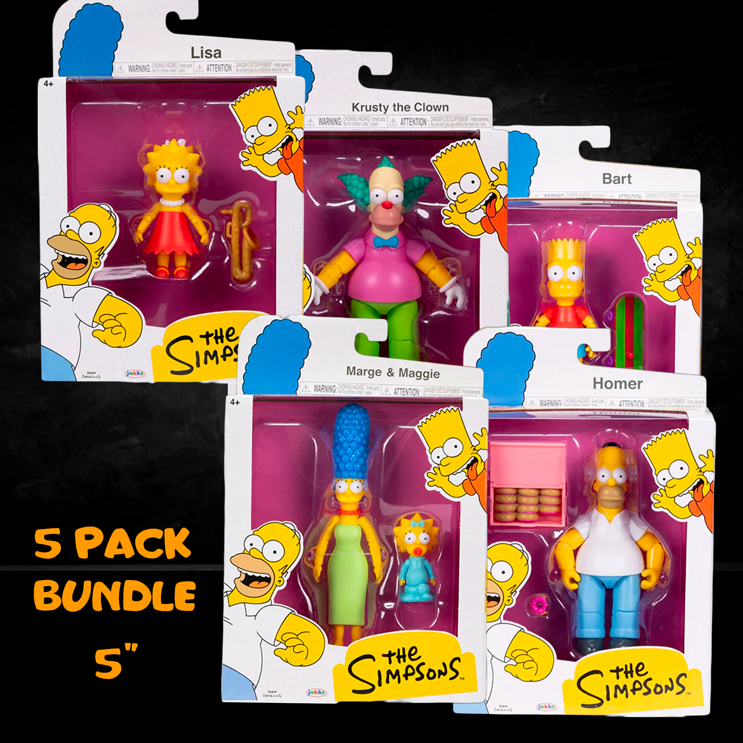Simpsons 5-pack action figures bundle by Jakks Pacific featuring Homer, Marge, Bart, Lisa, and Krusty in 5 inch scale