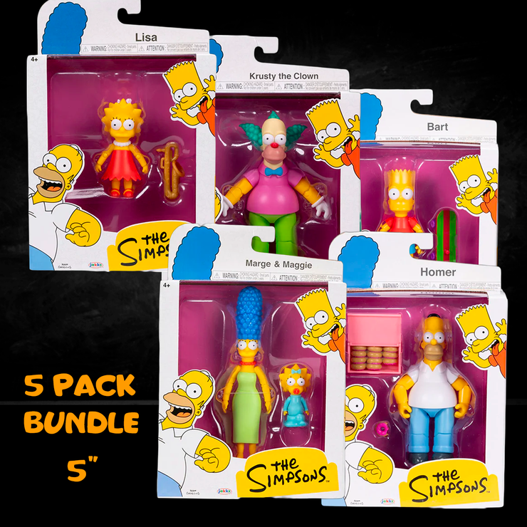 Simpsons 5-pack action figures bundle by Jakks Pacific featuring Homer, Marge, Bart, Lisa, and Krusty in 5 inch scale