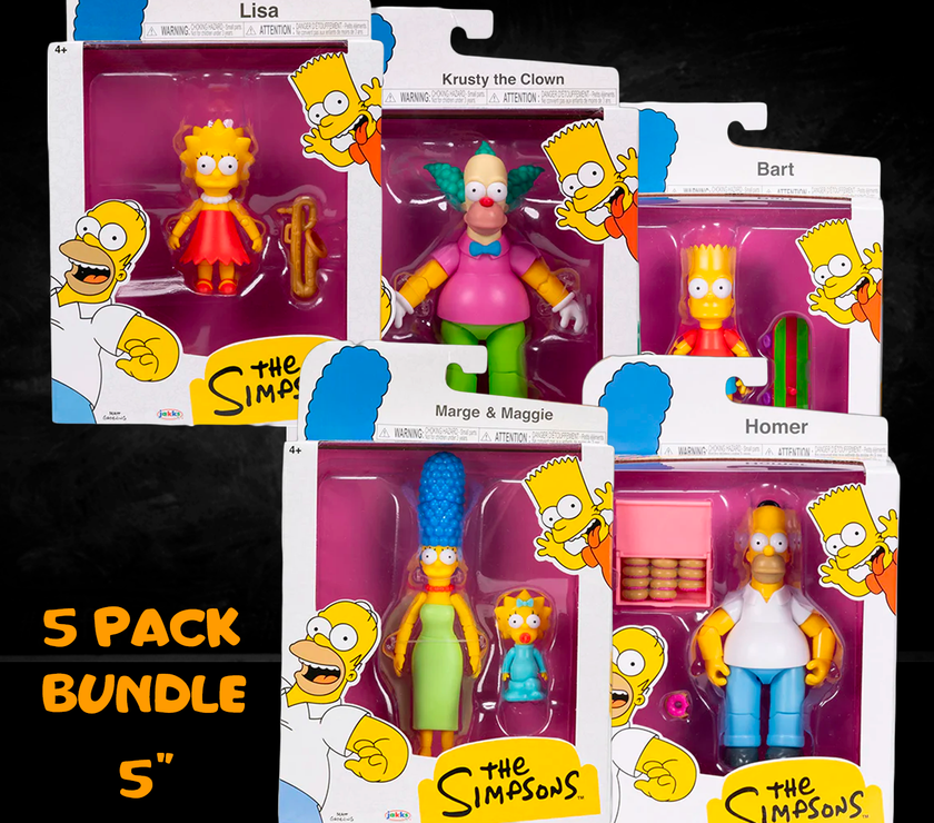 Simpsons 5-pack action figures bundle by Jakks Pacific featuring Homer, Marge, Bart, Lisa, and Krusty in 5 inch scale