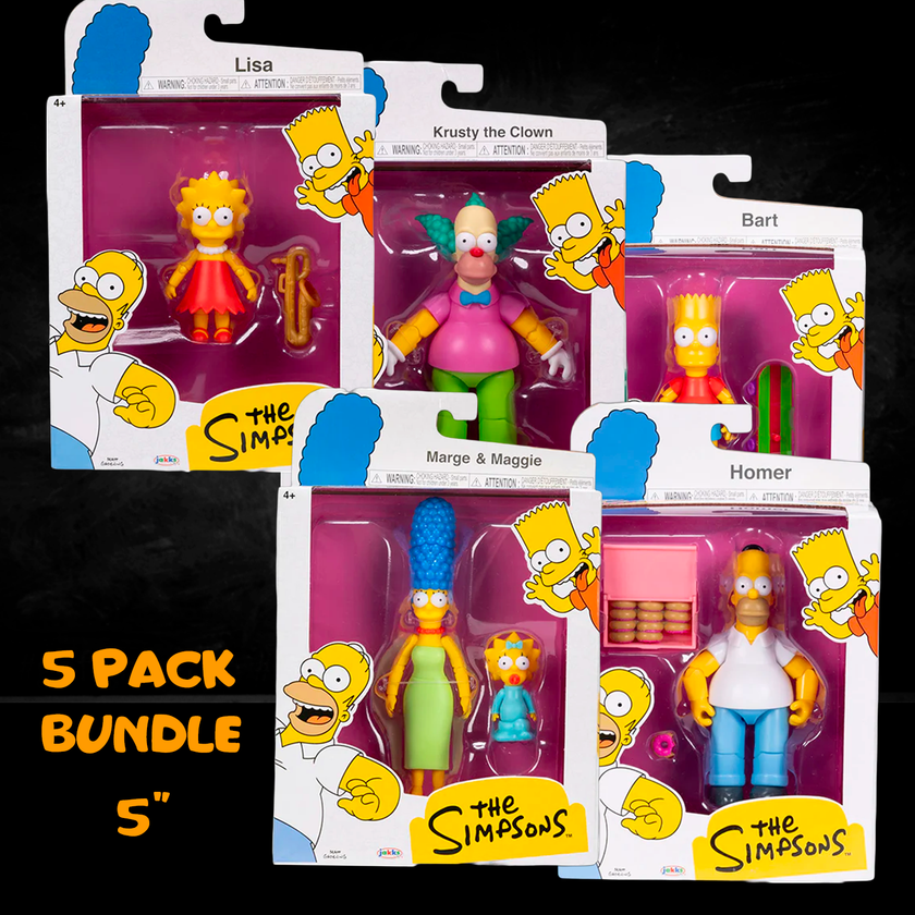 Simpsons 5-pack action figures bundle by Jakks Pacific featuring Homer, Marge, Bart, Lisa, and Krusty in 5 inch scale