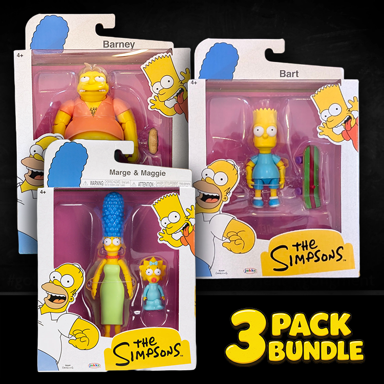 Simpsons action figure bundle featuring Barney, Bart with skateboard, and Marge with Maggie by Jakks Pacific.