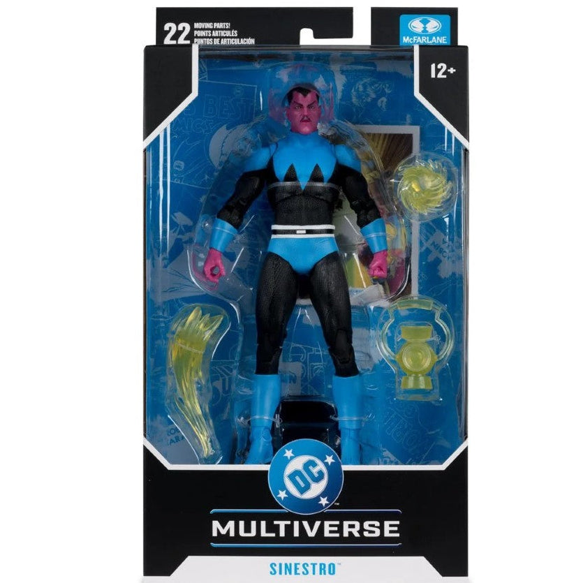 DC Comics Multiverse Sinestro action figure in its original blister packaging, featuring a black and blue suit with a pink face and accessories.