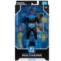 DC Comics Multiverse Sinestro action figure in its original blister packaging, featuring a black and blue suit with a pink face and accessories.