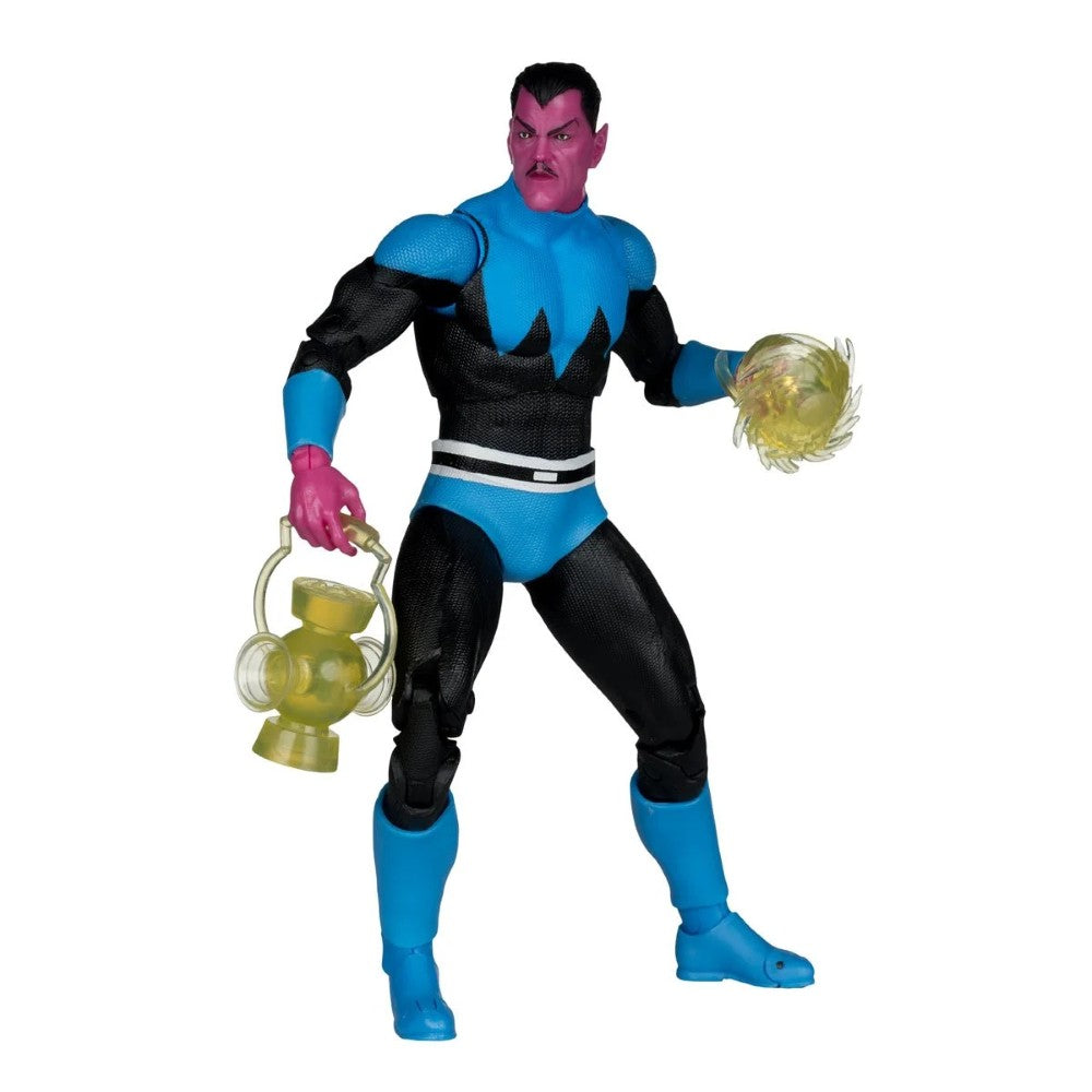 A Marvel Comics action figure of the character Sandman, wearing a blue and black suit with pink skin, holding a gold lantern in one hand and a glowing gold orb in the other, set against a plain white background.