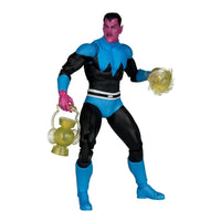 A Marvel Comics action figure of the character Sandman, wearing a blue and black suit with pink skin, holding a gold lantern in one hand and a glowing gold orb in the other, set against a plain white background.