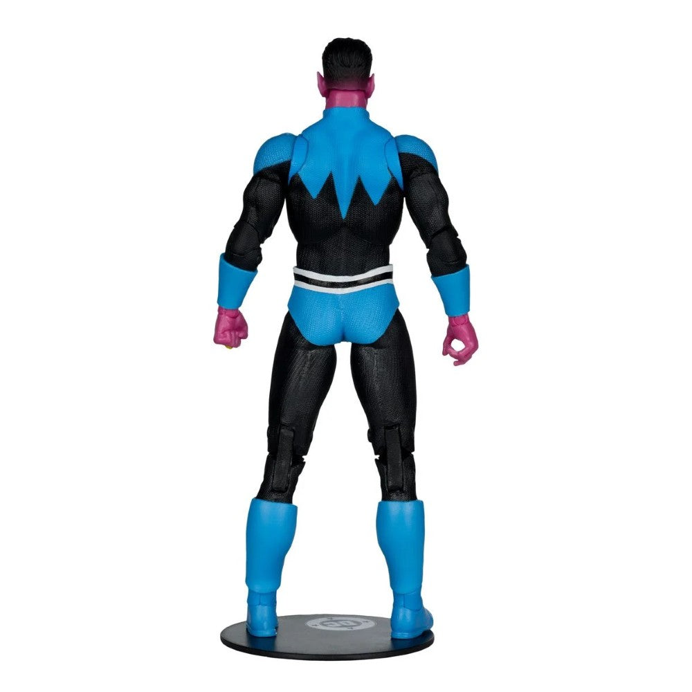 A superhero action figure shown from the back, wearing a black and blue costume with bright pink gloves and boots, standing on a round black display base against a plain white background.