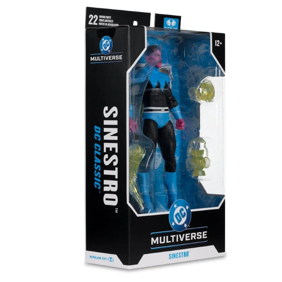 Multiverse Sinestro DC Classic action figure in its original retail packaging, featuring a blue and black bodysuit with yellow accessories visible through a clear window.