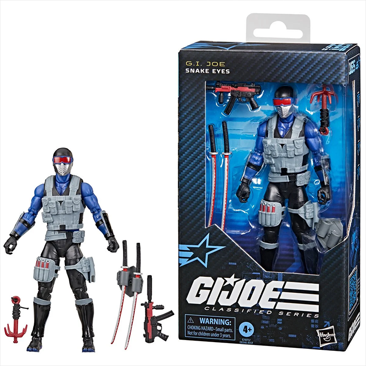 Hasbro G.I. Joe Classified Series Snake Eyes 6-inch action figure with weapons and armor accessories in packaging.