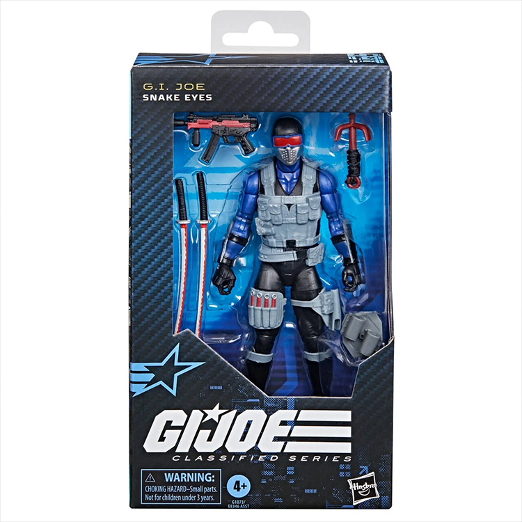 Hasbro G.I. Joe Classified Series Snake Eyes action figure with weapons and accessories in retail packaging.