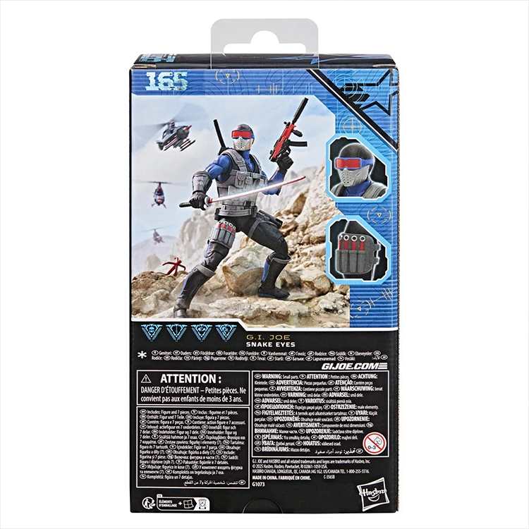 Hasbro G.I. Joe Classified Series Snake Eyes 165 action figure in dynamic pose with accessories in packaging.