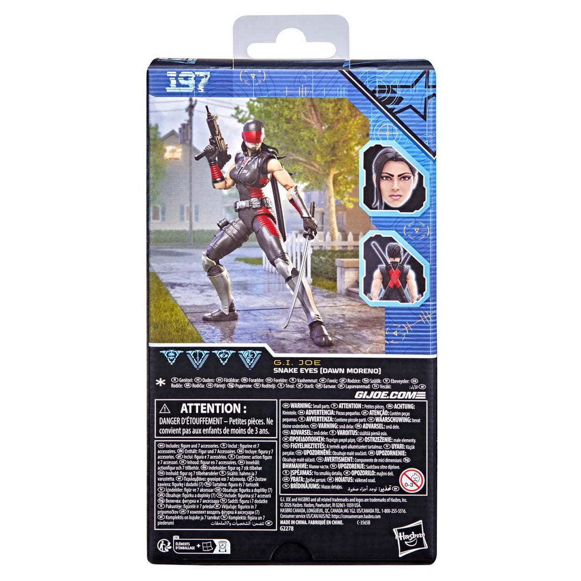 Packaging of Snake Eyes (Dawn Moreno) Action Figure "197" G.I. Joe Classified Series 6 inch Action Figure by Hasbro.