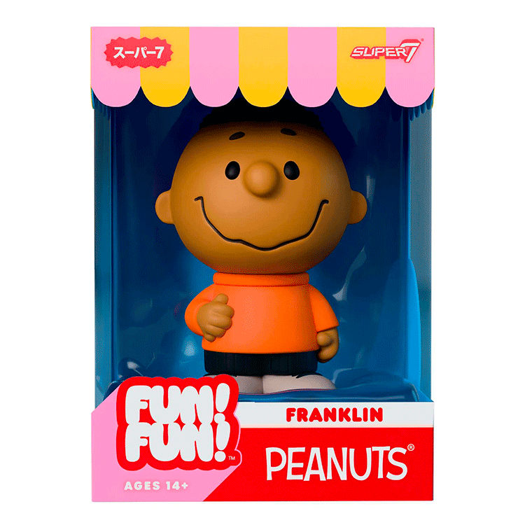Funko Franklin vinyl figure from Peanuts Fun Fun series standing in orange shirt inside colorful packaging.