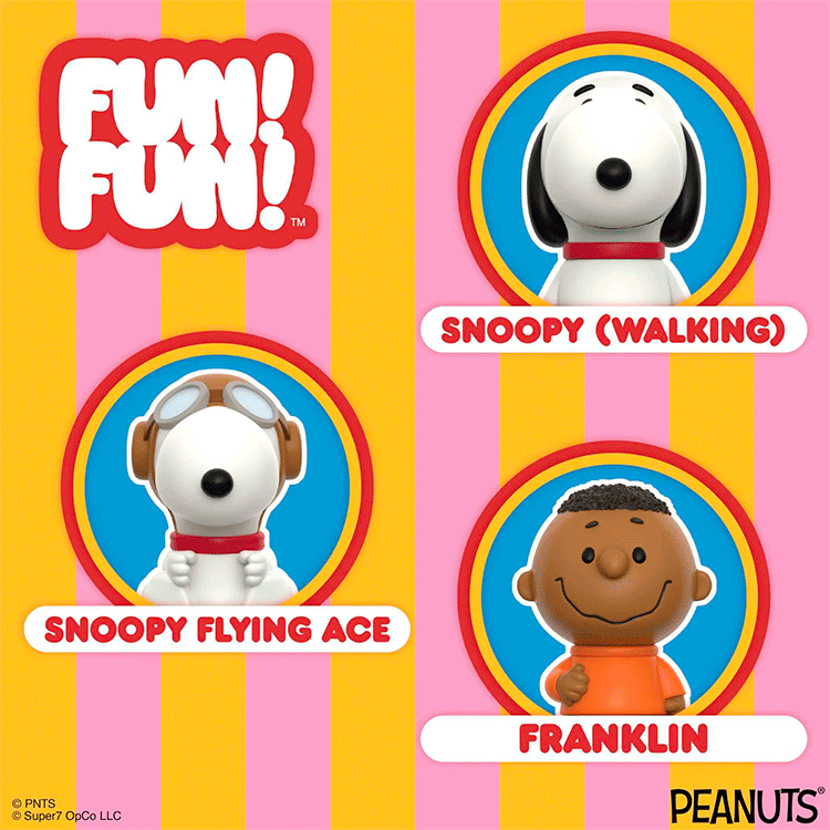 Funko Peanuts vinyl figures featuring Snoopy walking, Snoopy flying ace, and Franklin from Fun Fun collector's set