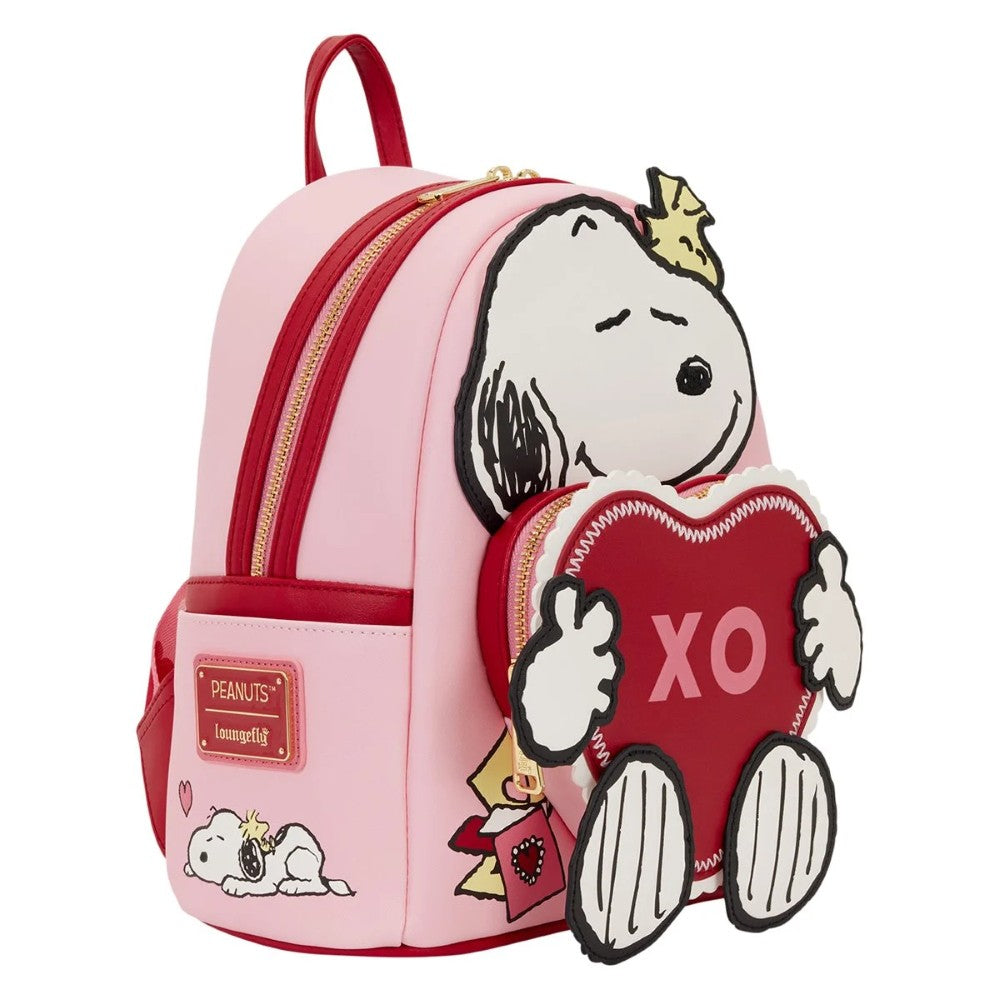 Peanuts Loungefly Snoopy Valentines Mini-Backpack 10" High with Snoopy holding XO heart in pink and red authentic with tags