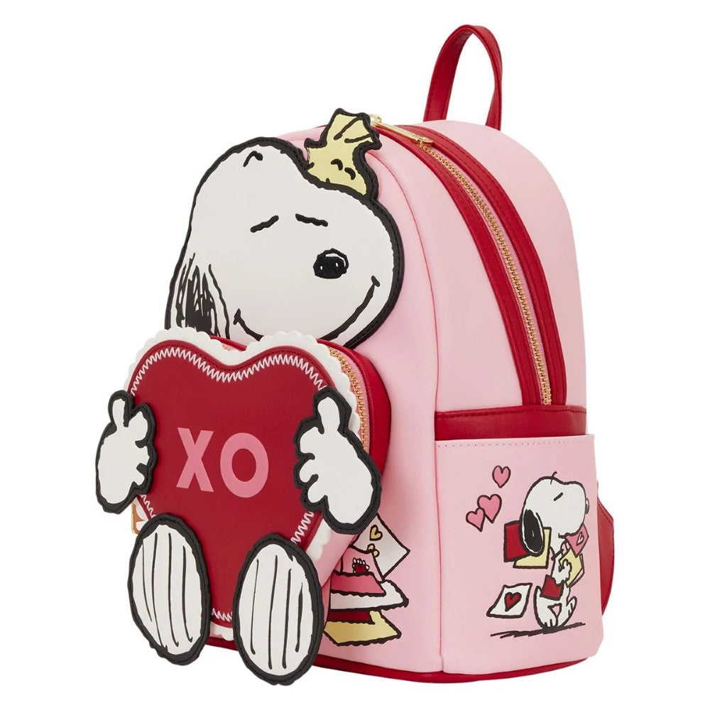 Peanuts Loungefly Snoopy Valentines Mini-Backpack 10" High pink with red accents featuring Snoopy holding XO heart authentic with tags