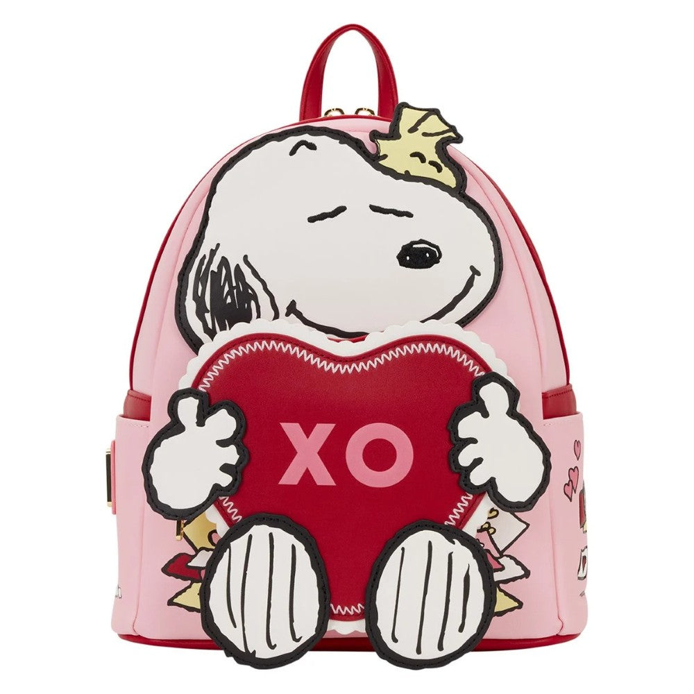 Peanuts Loungefly Snoopy Valentines Mini-Backpack 10" High with Snoopy holding red heart XO on pink Valentine design Authentic with Tags