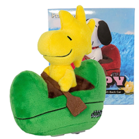 Woodstock 6" Beast Kingdom Peanuts Plush Pull Back Car PBC-038 featuring yellow Woodstock plush in green car