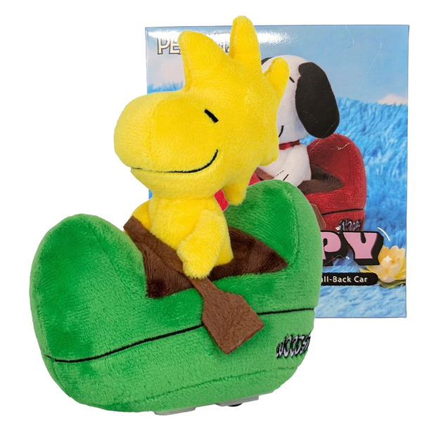 Woodstock 6" Beast Kingdom Peanuts Plush Pull Back Car PBC-038 featuring yellow Woodstock plush in green car