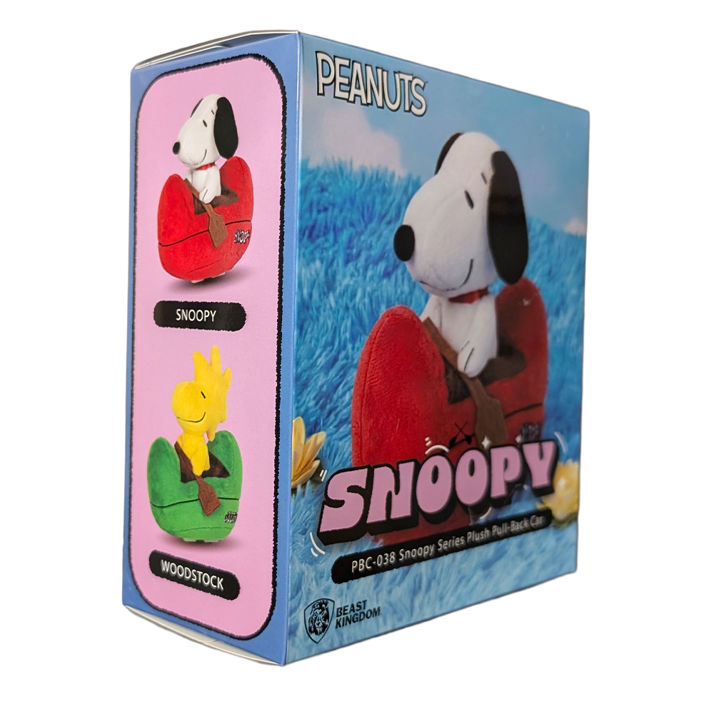 Woodstock 6" Beast Kingdom Peanuts Plush Pull Back Car PBC-038 packaging featuring Snoopy and Woodstock