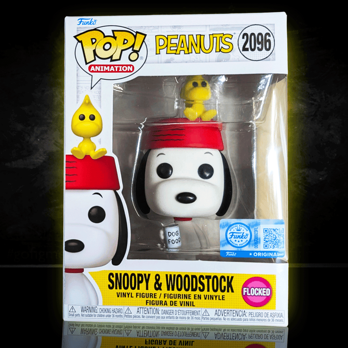 Funko Pop! Peanuts Snoopy with red hat and Woodstock perched on top flocked vinyl figure in original box