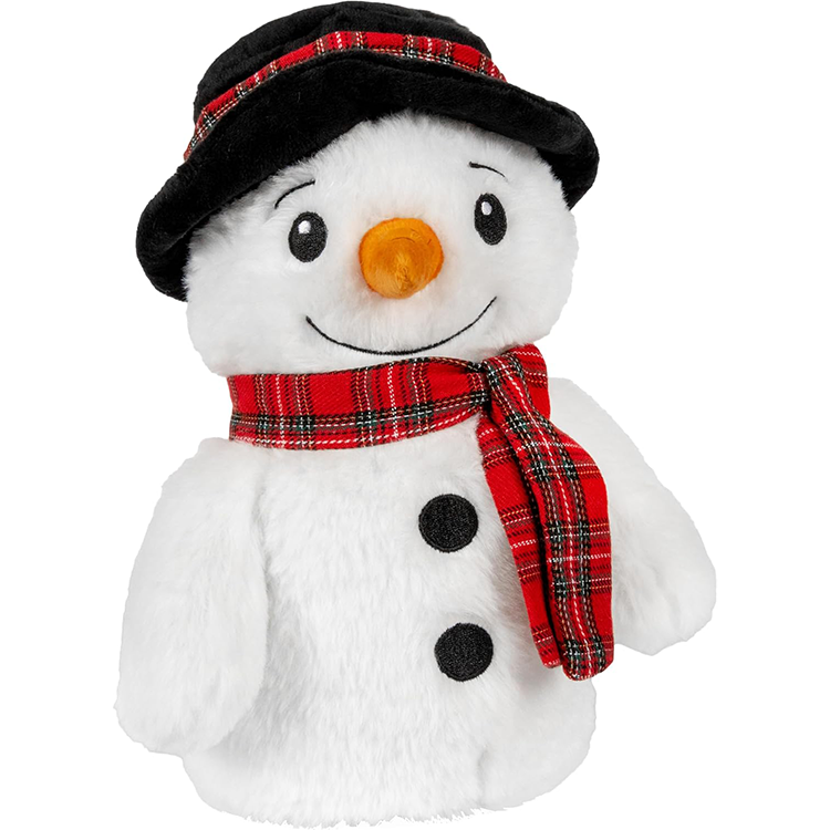 Plush snowman with black hat and red plaid scarf, microwavable and lavender scented for soothing warmth.