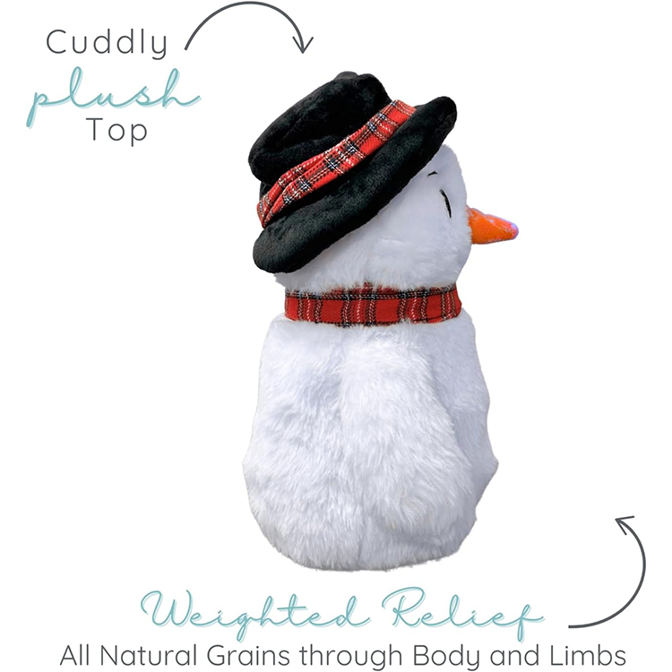 Side view of microwavable snowman plush toy with black hat and red plaid scarf for weighted comfort and relief
