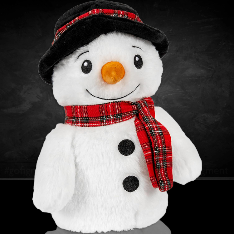 Soft white snowman plush with black hat and red plaid scarf, microwavable and lavender scented comfort pal.