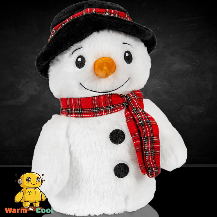 Plush snowman with black hat and red plaid scarf, microwavable and lavender scented for comforting warmth.