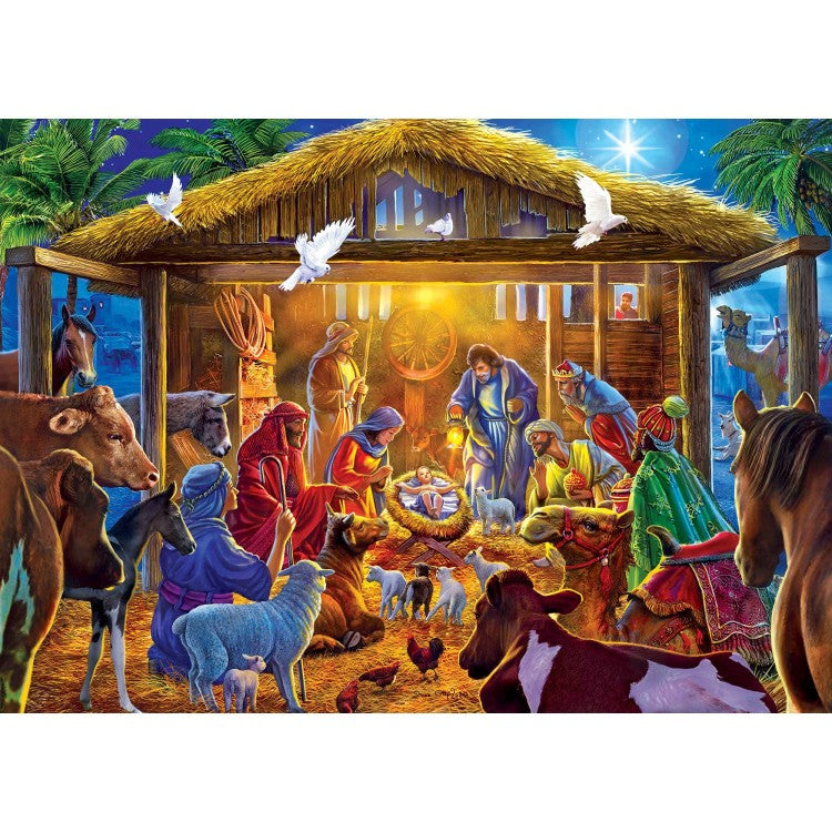 Master Pieces Star of Bethlehem 500 piece glitter puzzle depicting the nativity scene with animals and bright star