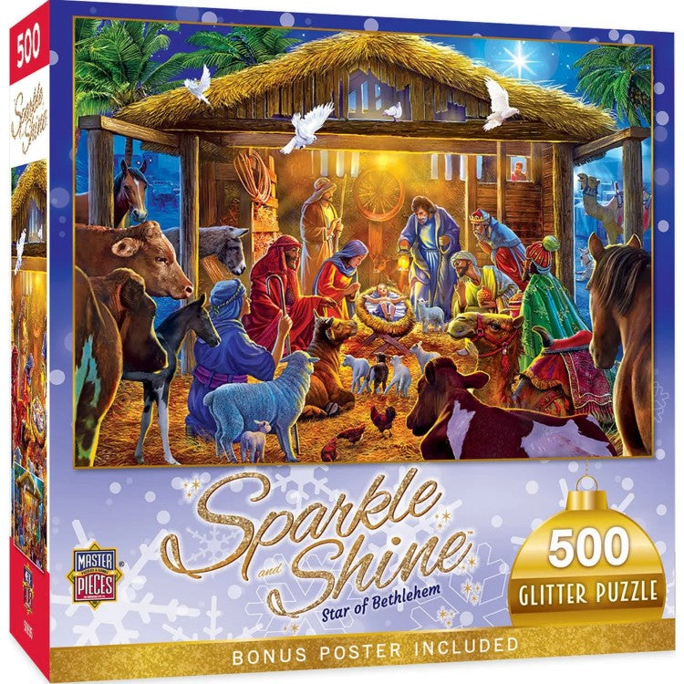 Master Pieces Star of Bethlehem 500 piece glitter puzzle depicting nativity scene with animals and glowing light