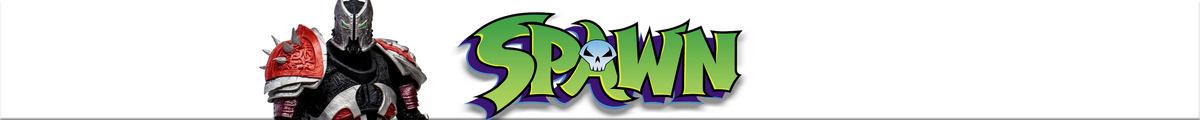Spawn logo beside a masked comic character in black and red armor