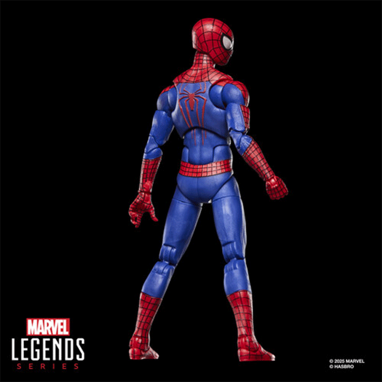 Marvel Legends Series Spider-Man action figure posed facing away, showing detailed back spider emblem and costume textures.