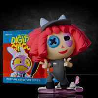 Glitch Digital Circus Animiniz figure with red hair, button eye, cat ears, gray outfit and playful expression