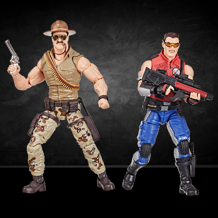 Two 6-inch highly articulated Hasbro action figures, Sgt Slaughter and Mercer Stratton, posed with weapons.