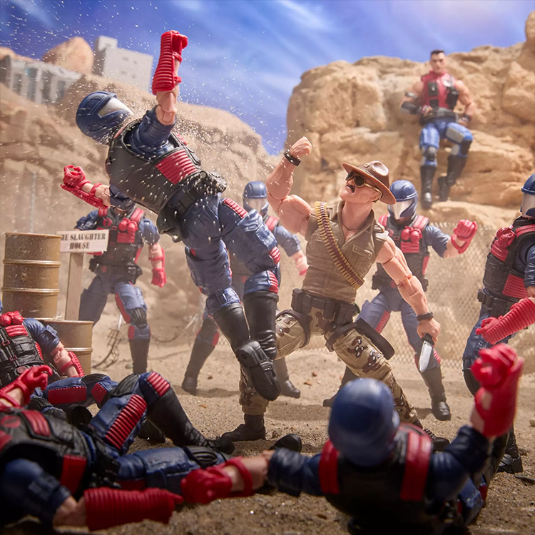 Hasbro GI Joe Classified Sgt Slaughter action figure delivering a punch to Cobra enemies in desert battle scene