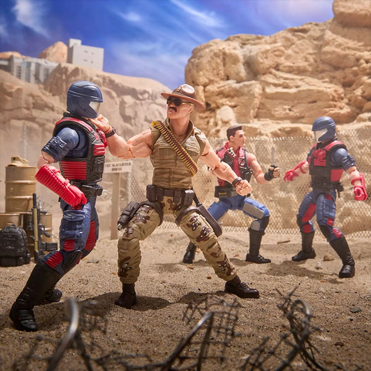 Hasbro G.I. Joe Classified Sgt Slaughter and Felix Mercer action figures in desert battle scene with detailed articulation