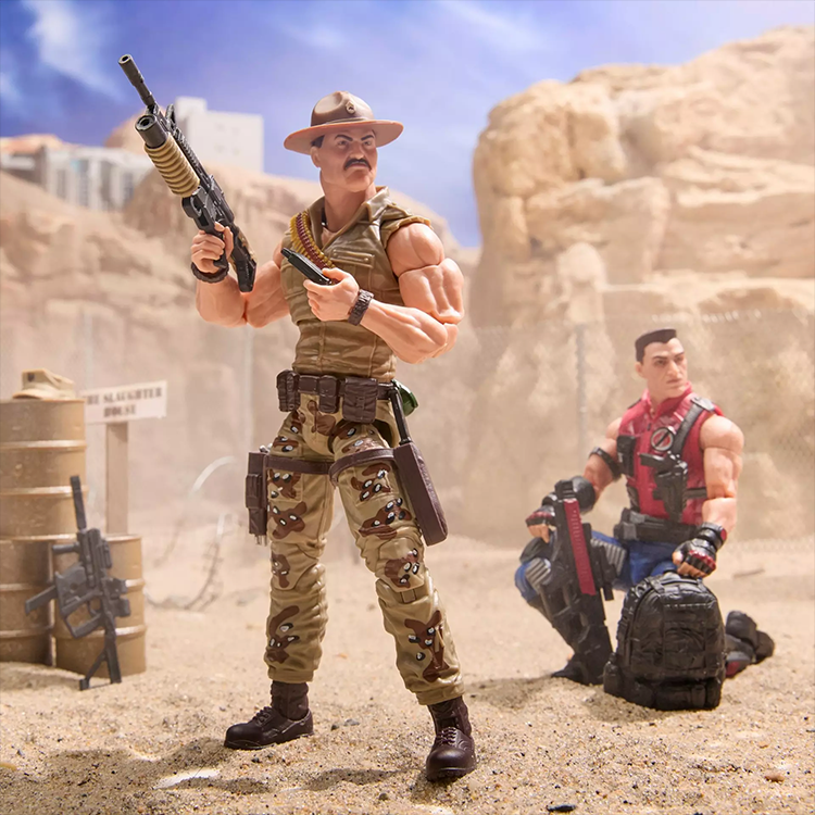 Hasbro G.I. Joe Sgt Slaughter and Mercer action figures posed in detailed desert military scene with weapons and gear.