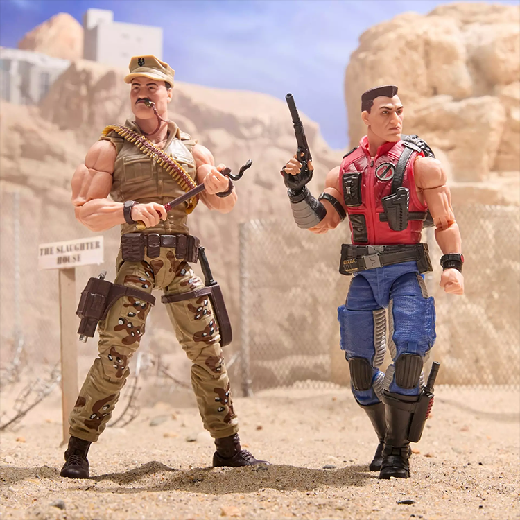 Two 6-inch Hasbro GI Joe Classified action figures Sgt Slaughter and Mercer posed in desert setting.