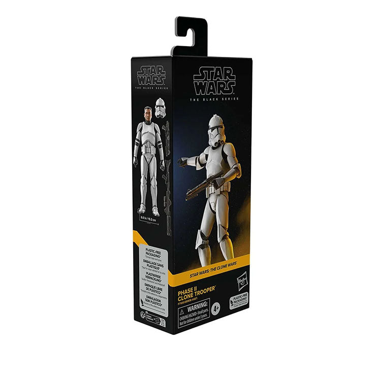Hasbro Star Wars Black Series Phase II Clone Trooper 6-inch action figure with removable helmet and blasters in box