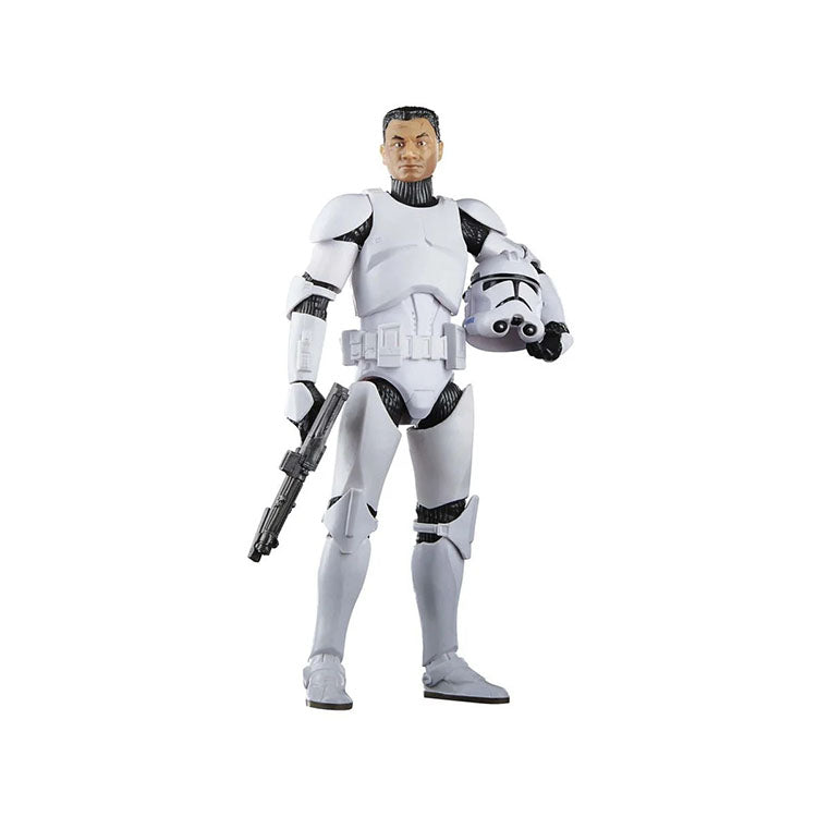 Hasbro Star Wars Black Series 1:12 scale Phase II Clone Trooper figure holding helmet and blaster in detailed armor