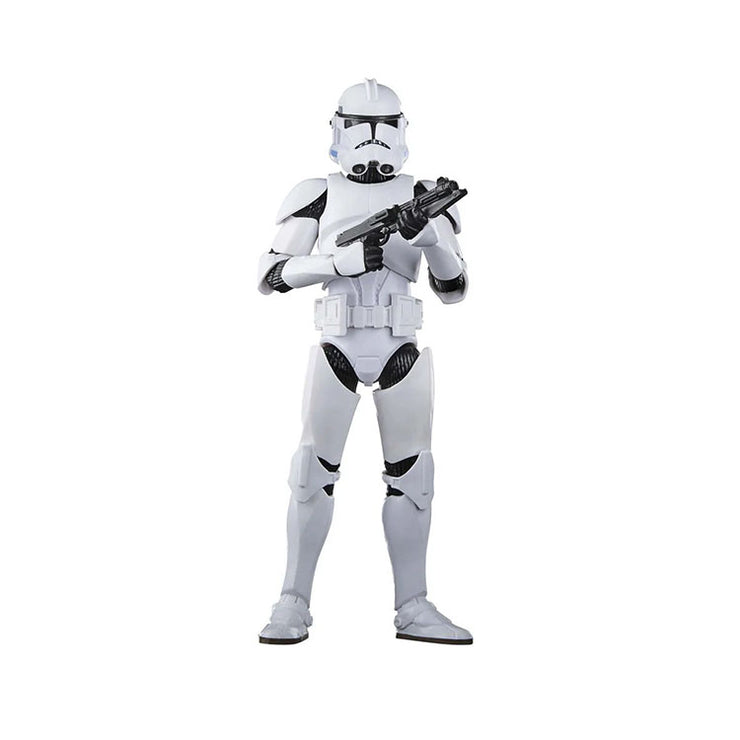 Hasbro Star Wars Black Series Phase II Clone Trooper 6-inch action figure with detailed armor and blasters.