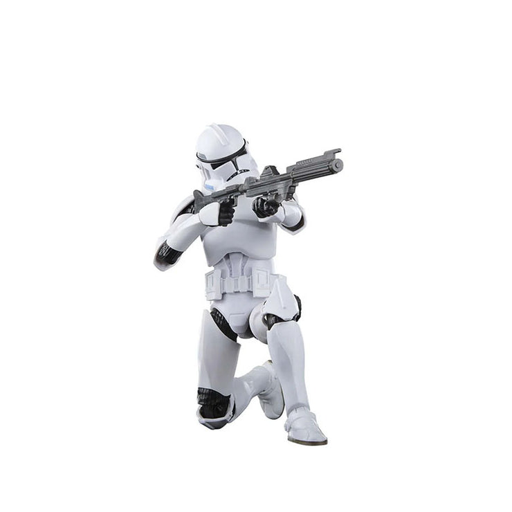 Hasbro Star Wars Black Series Phase II Clone Trooper 6-inch action figure posed kneeling with blaster rifle