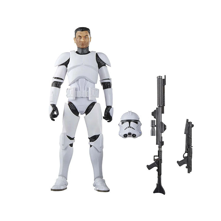 Hasbro Star Wars Black Series 6-inch Phase II Clone Trooper action figure with removable helmet and blasters.