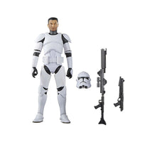 Hasbro Star Wars Black Series 6-inch Phase II Clone Trooper action figure with removable helmet and blasters.