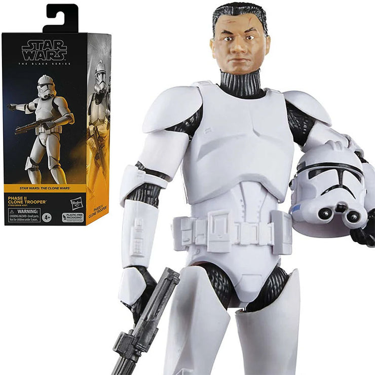 Hasbro Star Wars Black Series Phase II Clone Trooper action figure holding helmet and blaster in detailed armor pose