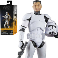 Hasbro Star Wars Black Series Phase II Clone Trooper action figure holding helmet and blaster in detailed armor pose