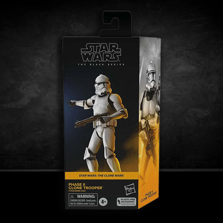 Hasbro Star Wars Black Series Phase II Clone Trooper action figure in packaging, 6-inch scale with detailed armor design
